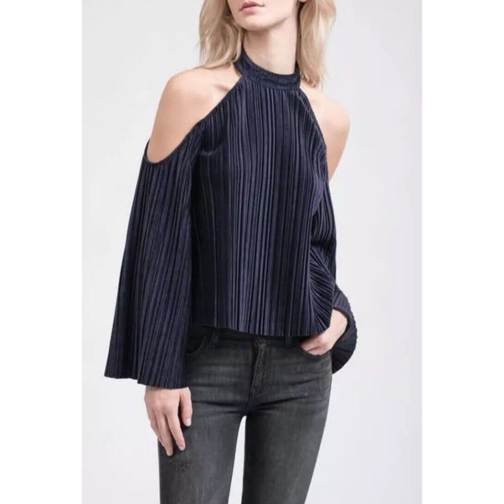 JOA Women XS Flare Sleeve Acordian Velvet Cold‎ Shoulder Pleated Top Navy Blue
